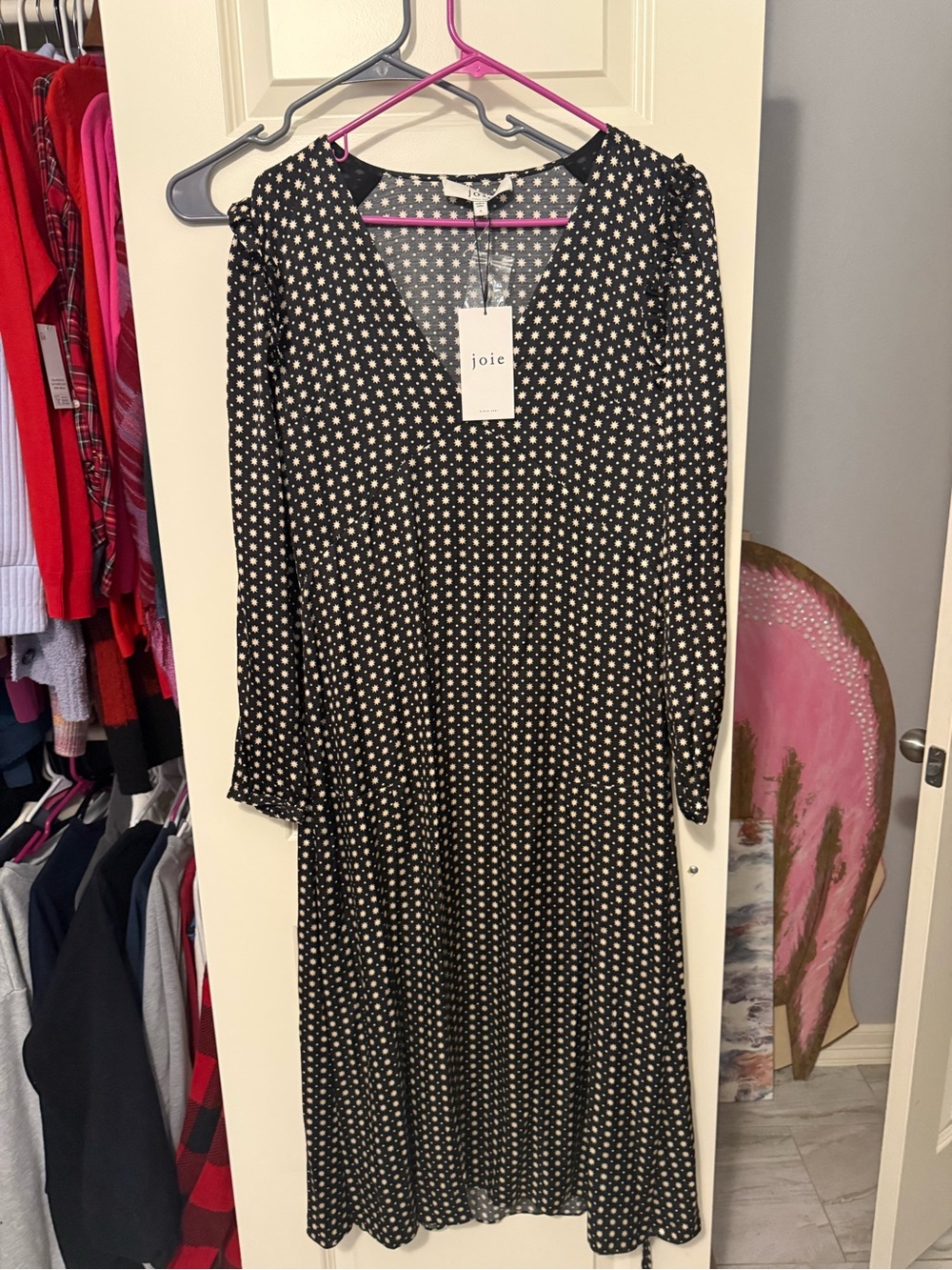Joie Black and White Polka Dot Long Sleeve Midi Dress